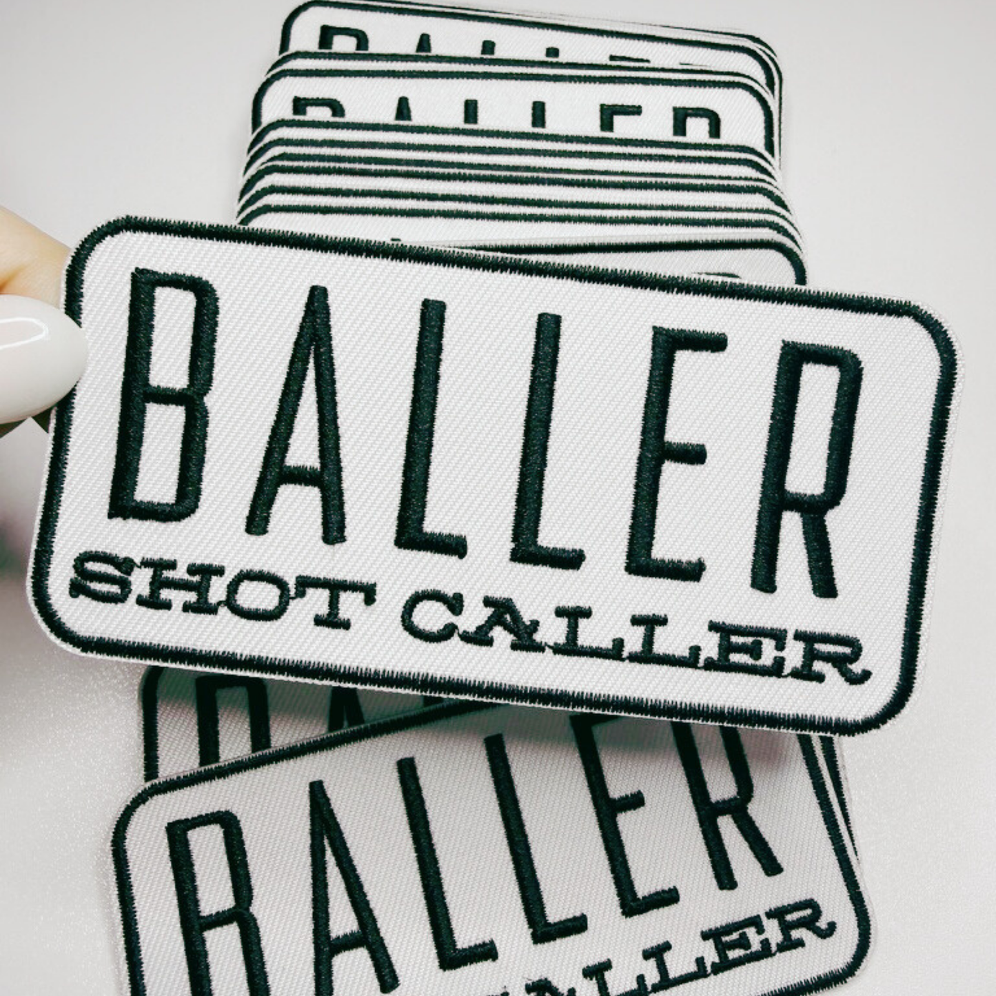 4" BALLER Shot Caller - White & Black -  Embroidered Hat Patch