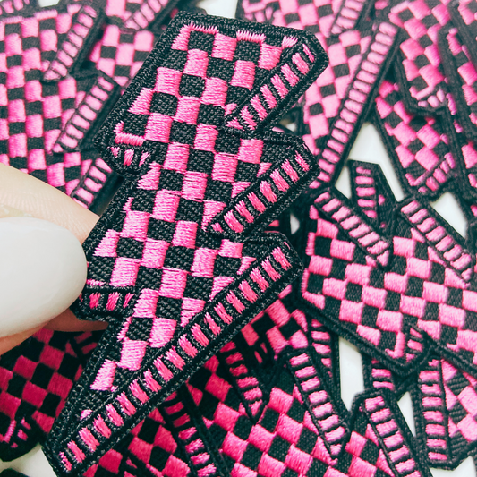 2.5” Checkered Lightning Bolt Pink or green -  Embroidered Hat Patch
