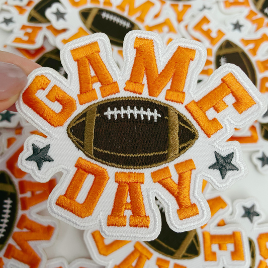 3" GAME DAY football in Orange - Embroidered Hat Patch