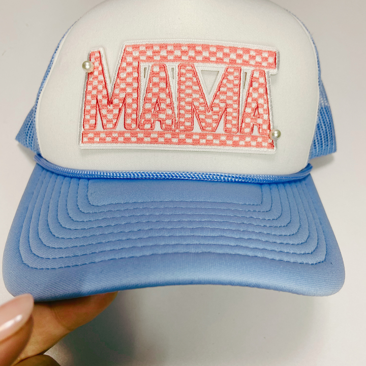 4" x 2"  Checkered MAMA choice of  Black &amp; White  or Pink &amp; White  -  Embroidered Hat Patch
