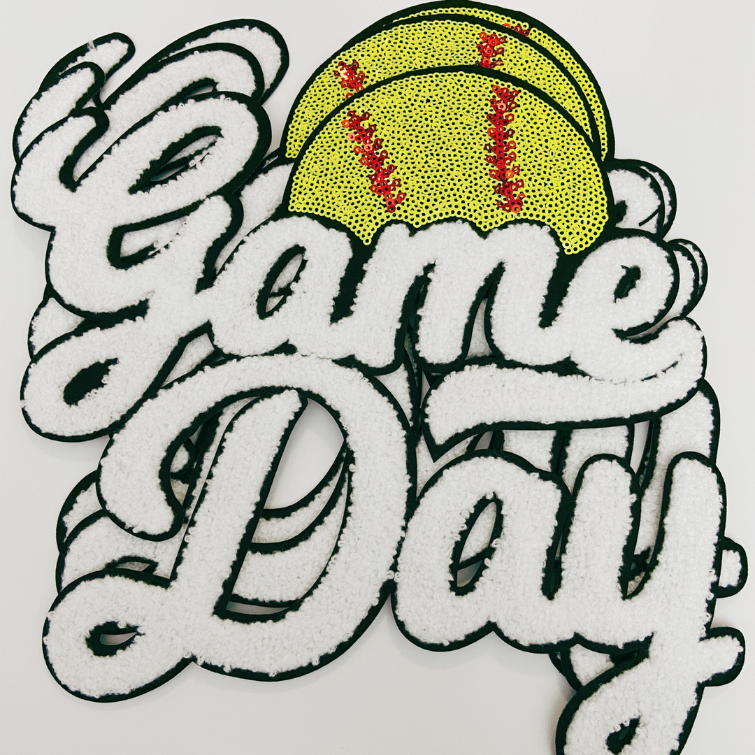 11” GAME DAY Softball sequins and Chenille Patch in White &amp; Black
