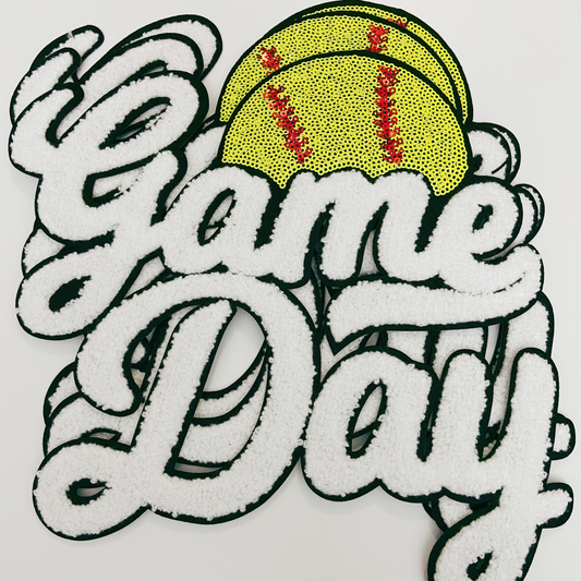 11” GAME DAY Softball sequins and Chenille Patch in White & Black