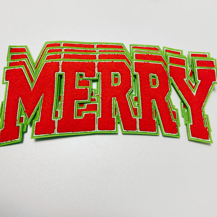11" MERRY in Red with green detail - Chenille Patch