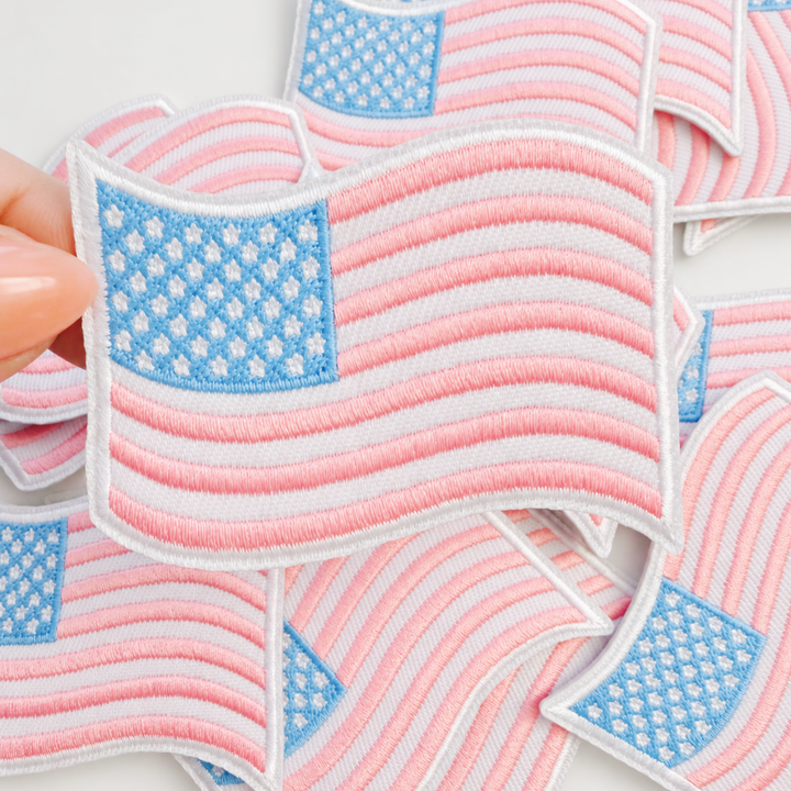 American Flag Pink, White &amp; baby Blue  - Wavy 2.75" - Embroidered Patch