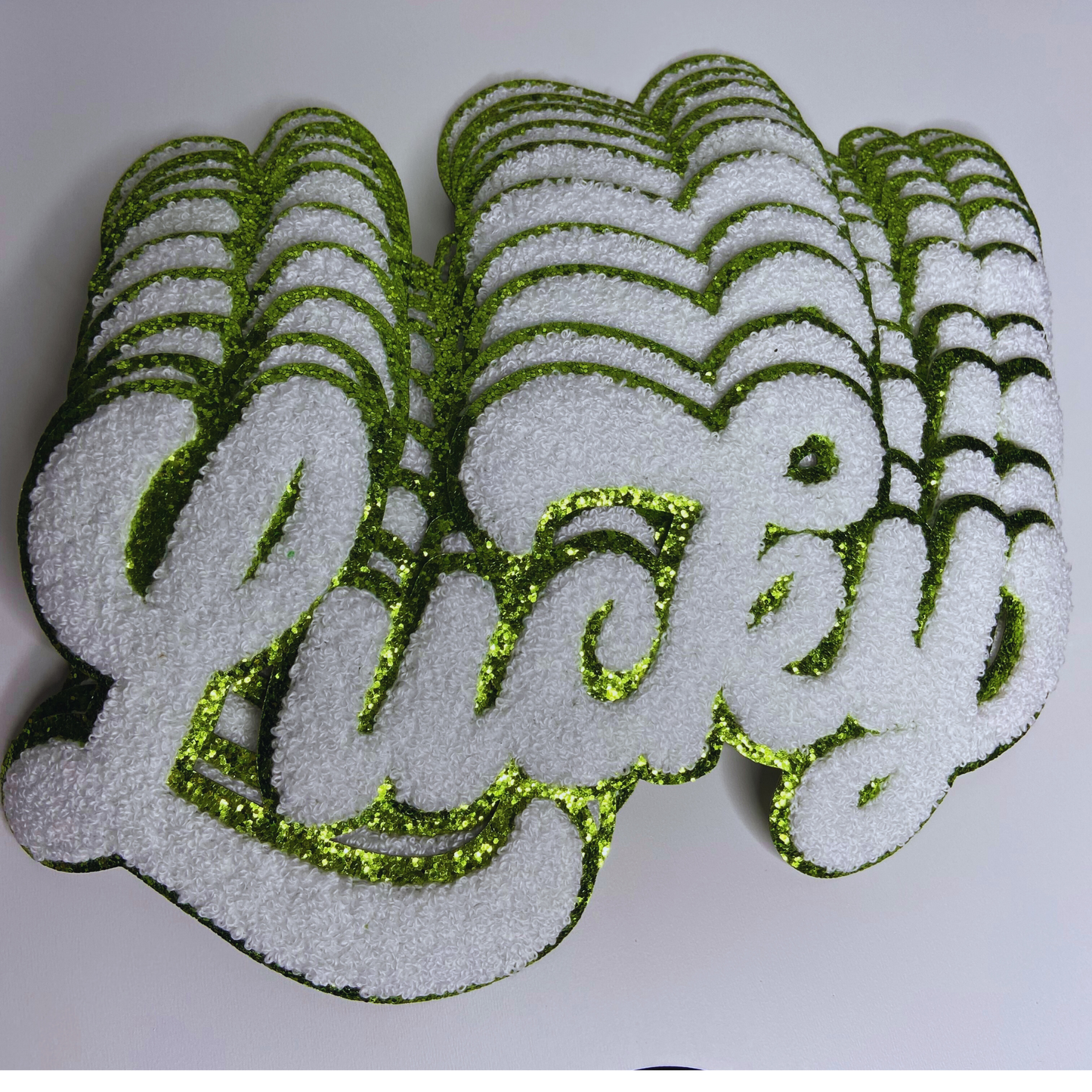 11” LUCKY script in White w Green - Chenille Patch