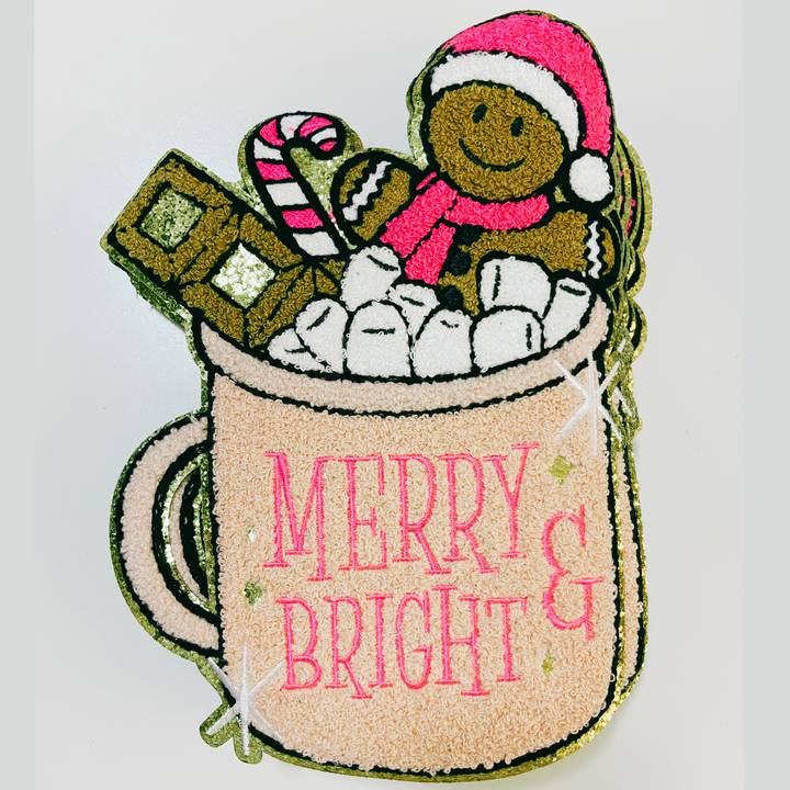 8" x 11" Merry &amp; Bright hot cocoa w gingerbread man - Chenille patch