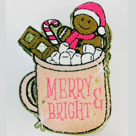 8" x 11" Merry & Bright hot cocoa w gingerbread man - Chenille patch