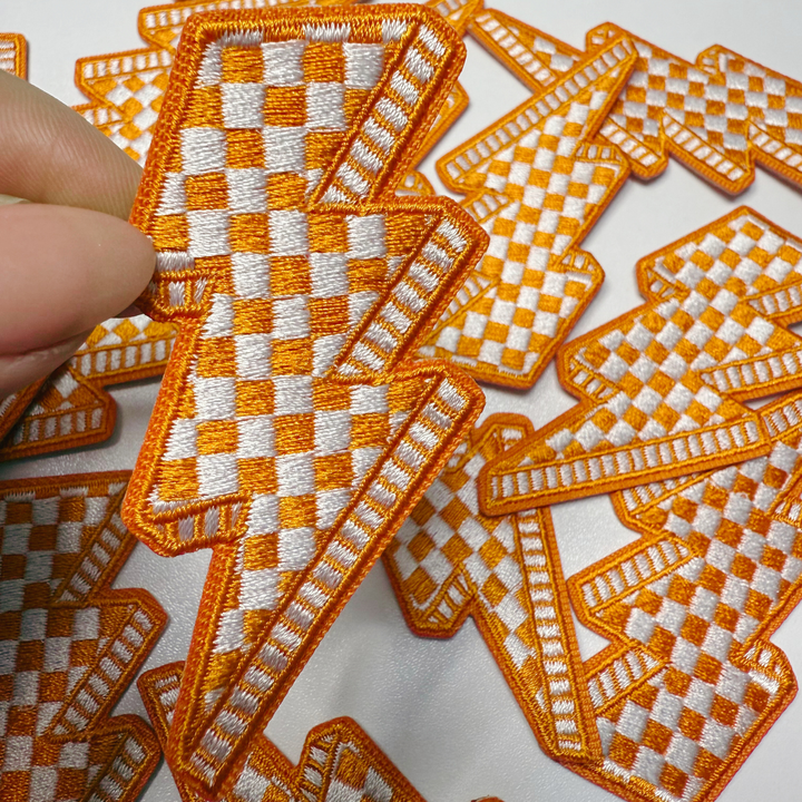 3” Checkered Lightning - Orange &amp; white  - Embroidered Hat Patch