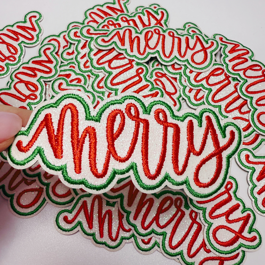 4" Merry in Red & Green w Sparkles - Embroidered Hat Patch