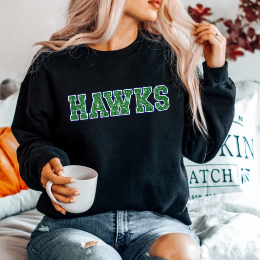 (shirt not included) 13" Faux Sequin HAWKS Seahawks Football  - Clear Film Transfer