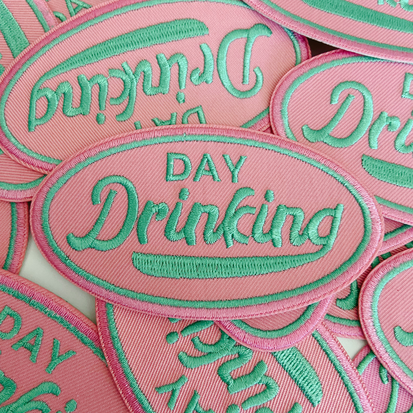 3.75" Day Drinking in Pink and Teal  -  Embroidered Hat Patch (Version 2)