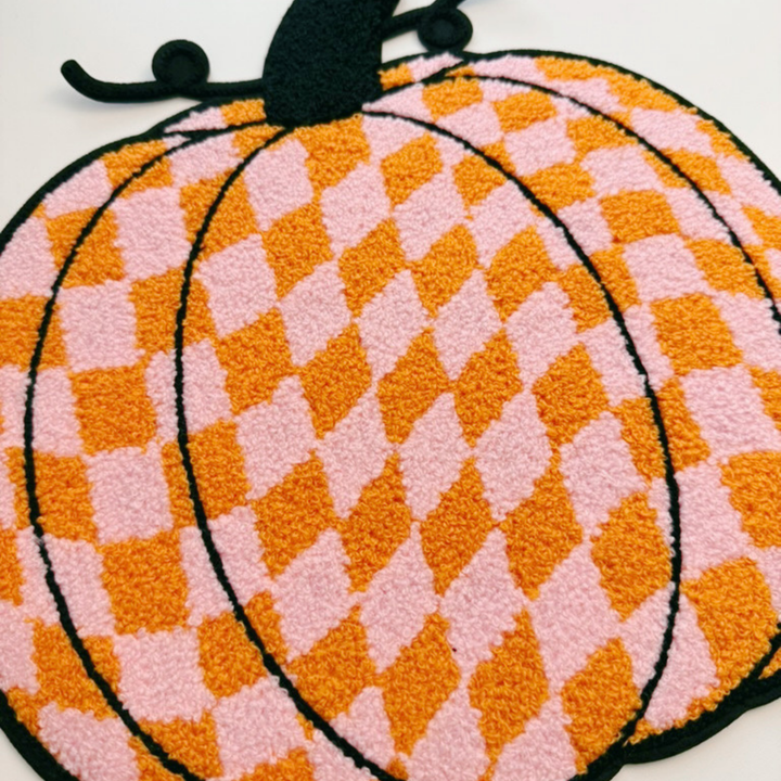 Pink &amp; Orange Checkered Pumpkin - 10.5" x 10.5" - Chenille Patch