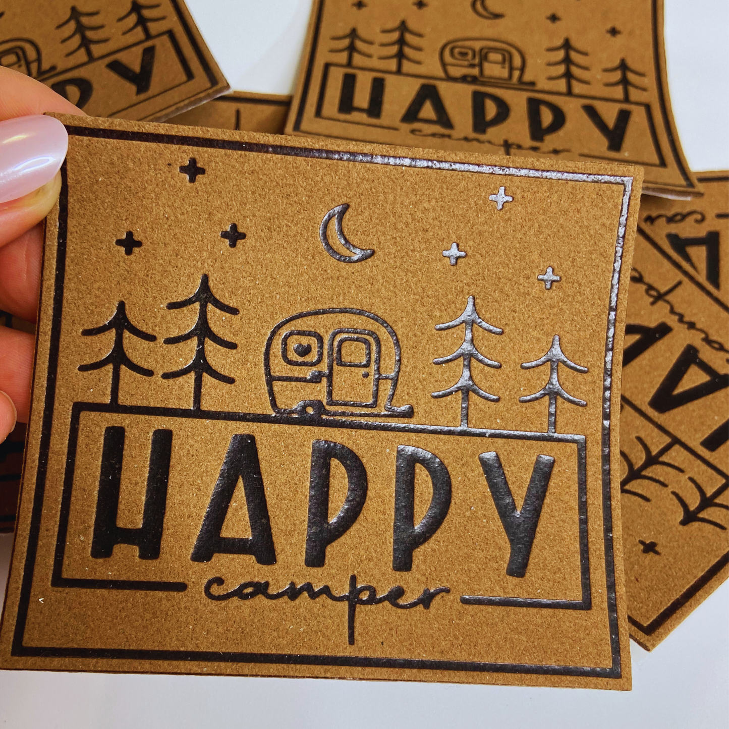 4" x 3.5" HAPPY Camper Patch - Hat Patch in Brown