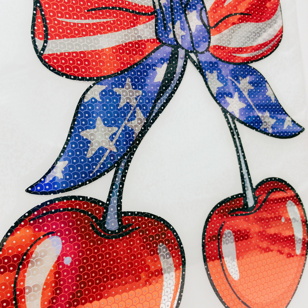 Americana Cherry Bow  - SEQUIN TRANSFER - COLD PEEL