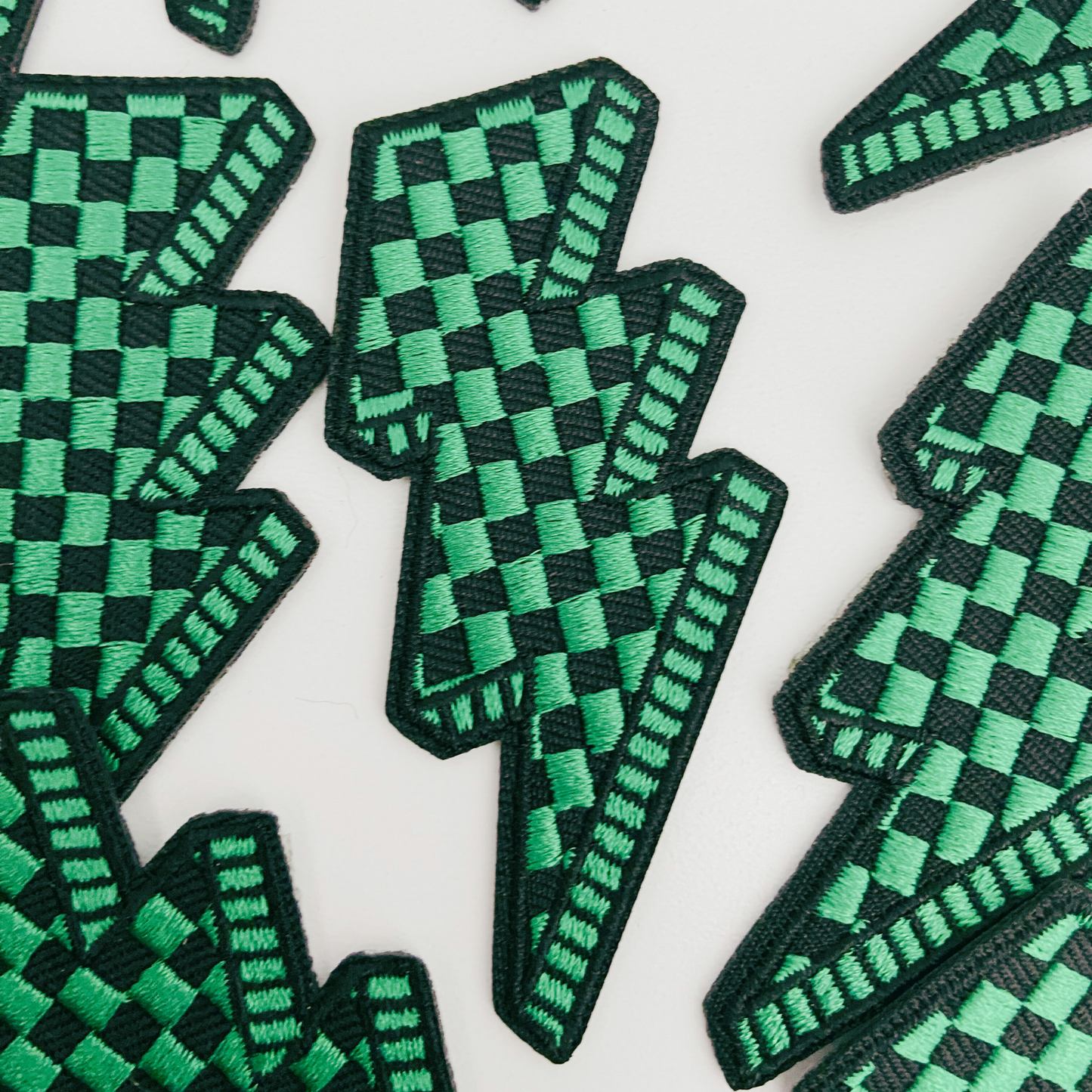 3” Checkered Lightning - GREEN - Embroidered Hat Patch