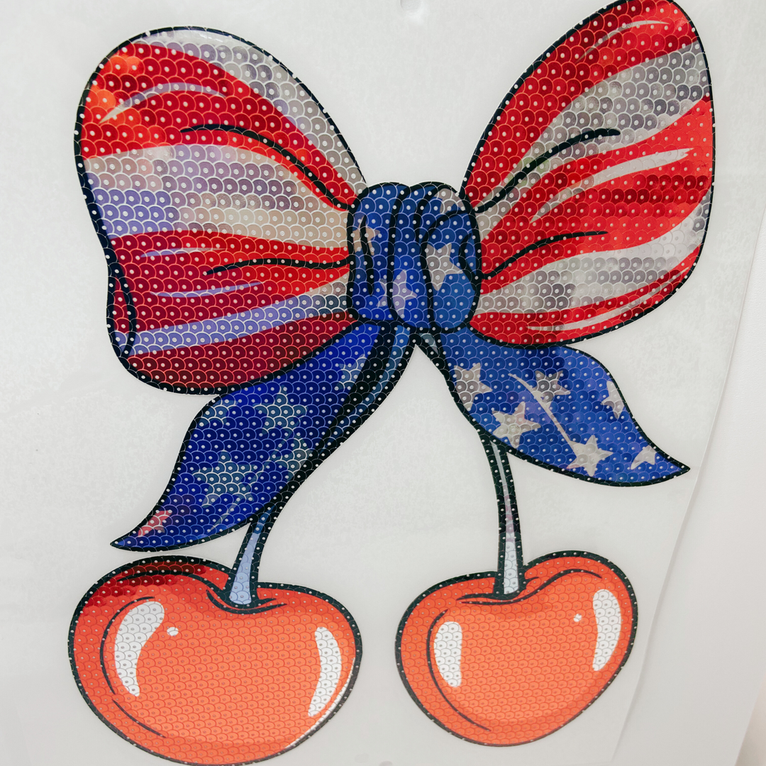 Americana Cherry Bow  - SEQUIN TRANSFER - COLD PEEL