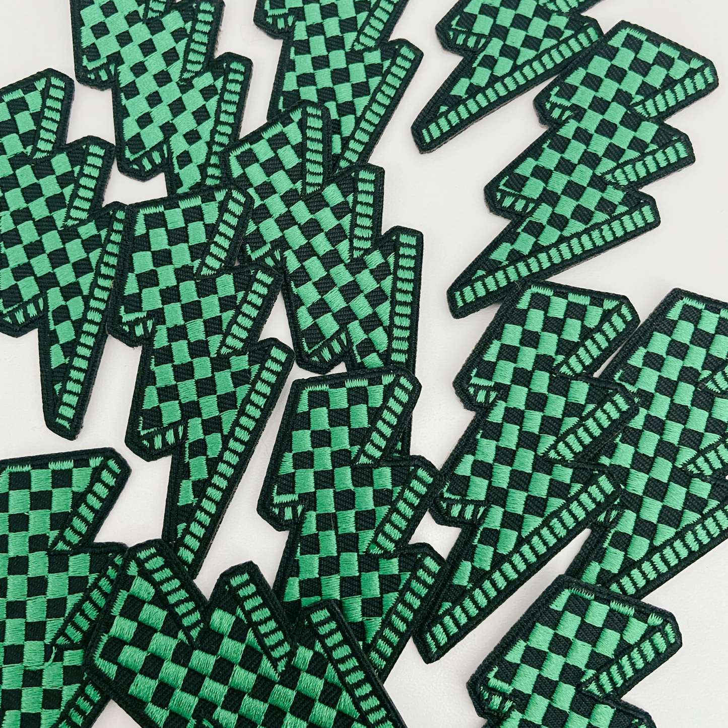 3” Checkered Lightning - GREEN - Embroidered Hat Patch