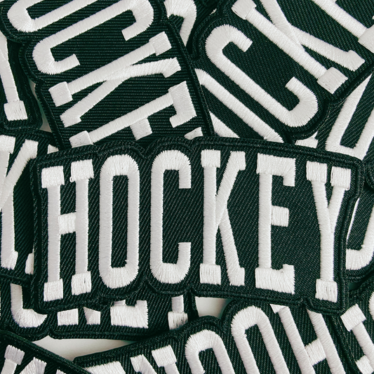 3.5” HOCKEY in white and black -  Embroidered Hat Patch