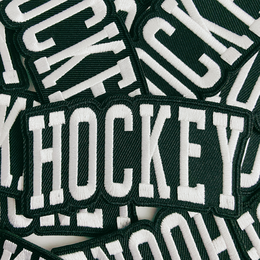 3.5” HOCKEY in white and black - Embroidered Hat Patch