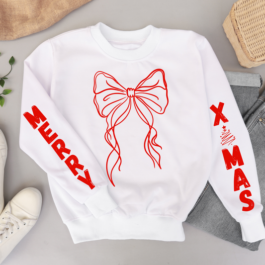 (shirt not included) MERRY X MAS w BOW,  sleeve detail RED - Screen print Transfer