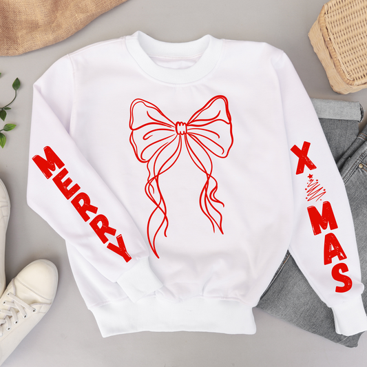 (shirt not included) MERRY X MAS w BOW, sleeve detail RED - Screen print Transfer