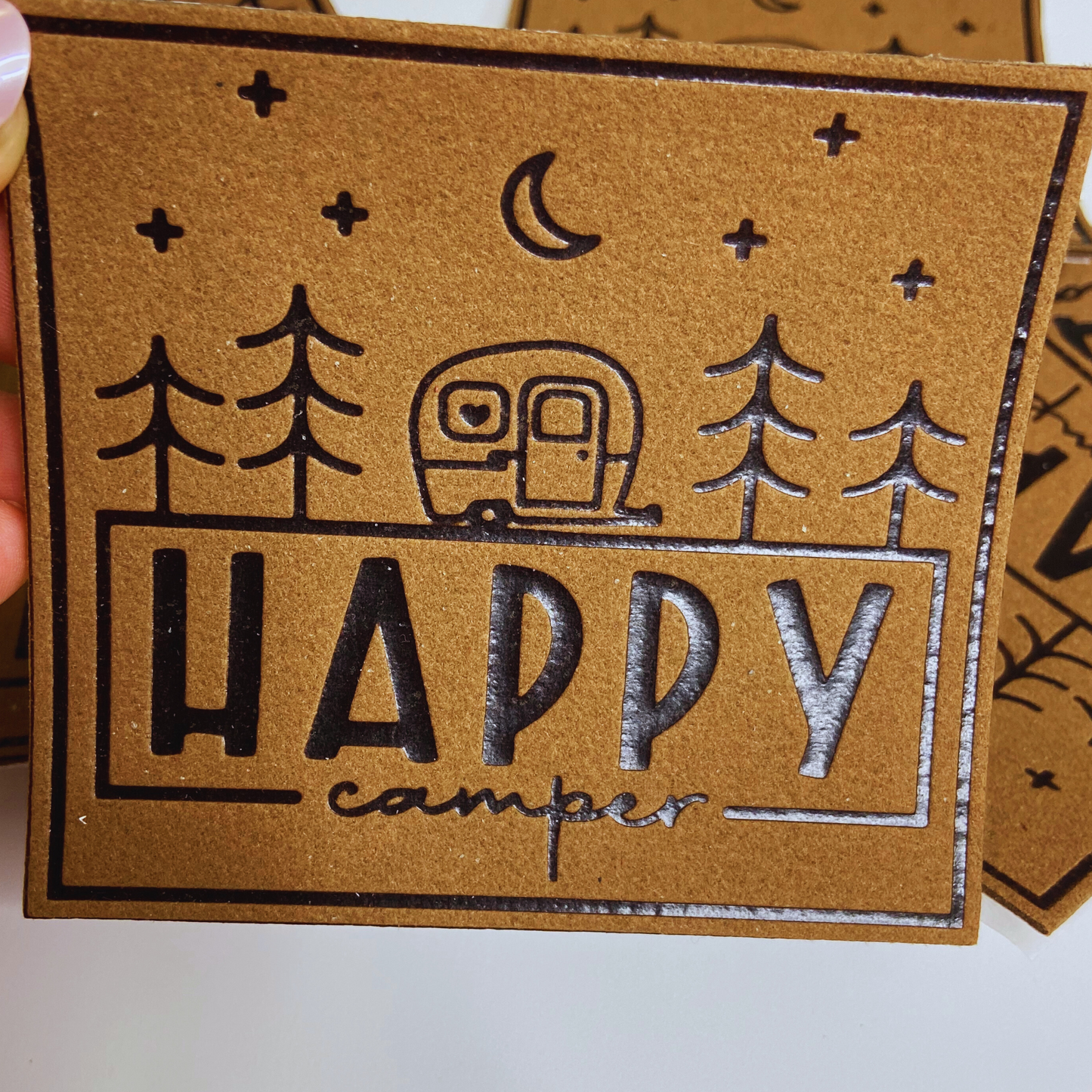 4" x 3.5" HAPPY Camper Patch - Hat Patch in Brown