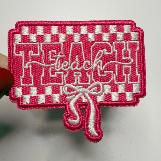 2.5" PINK TEACH w bow - Embroidered Hat Patch