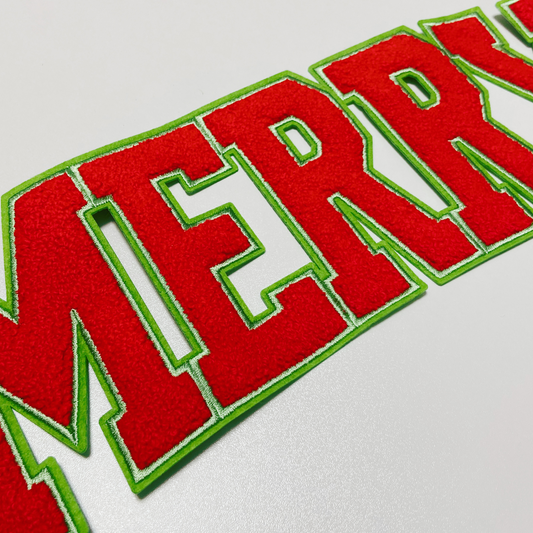 11.75" MERRY in Red with green detail - Chenille Patch