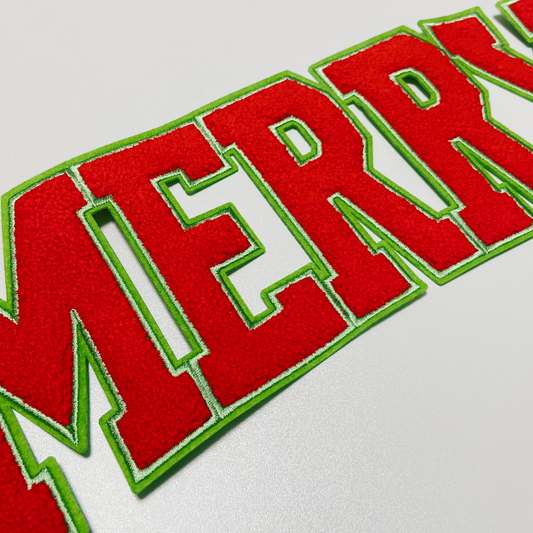 11" MERRY in Red with green detail - Chenille Patch