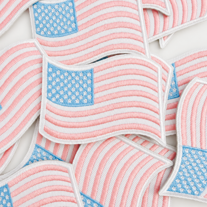 American Flag Pink, White &amp; baby Blue  - Wavy 2.75" - Embroidered Patch