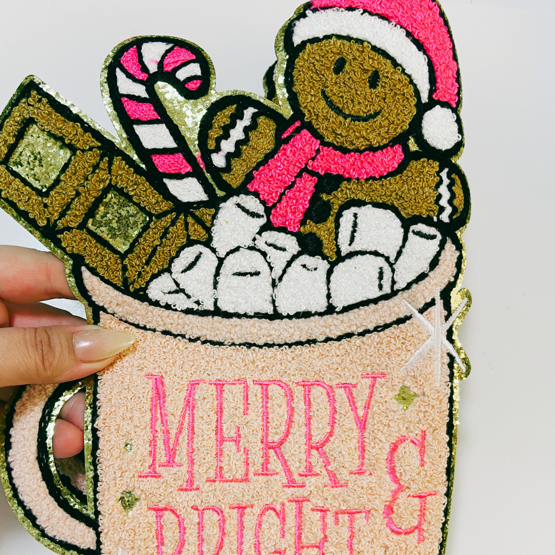 8" x 11" Merry &amp; Bright hot cocoa w gingerbread man - Chenille patch