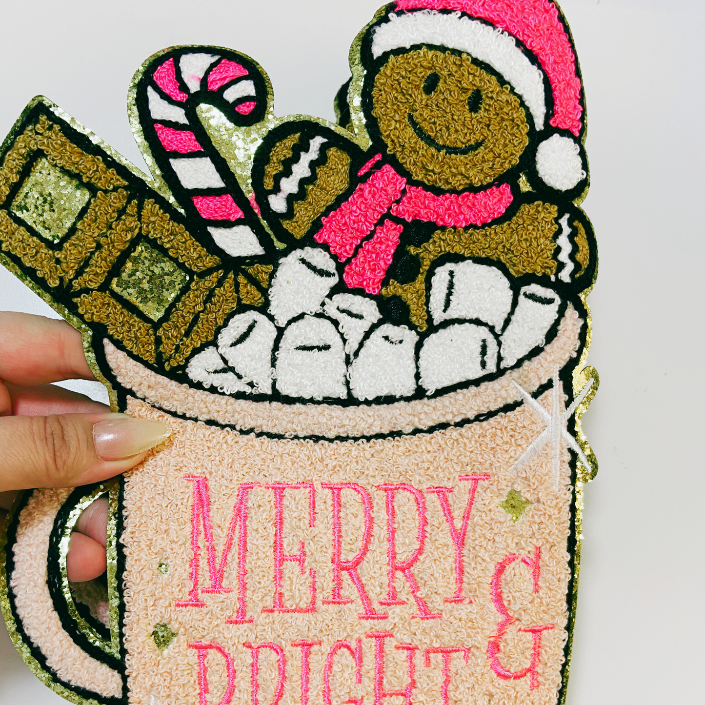 8" x 11" Merry & Bright hot cocoa w gingerbread man - Chenille patch