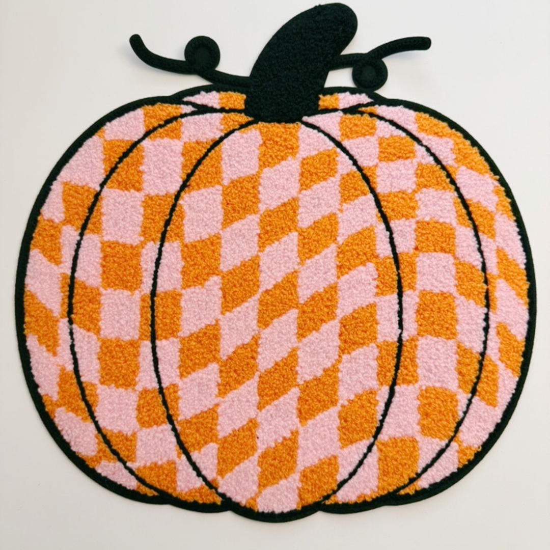 Pink &amp; Orange Checkered Pumpkin - 10.5" x 10.5" - Chenille Patch
