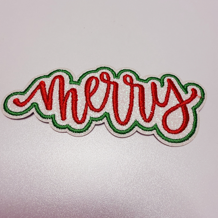 4" Merry in Red &amp; Green w Sparkles -  Embroidered Hat Patch