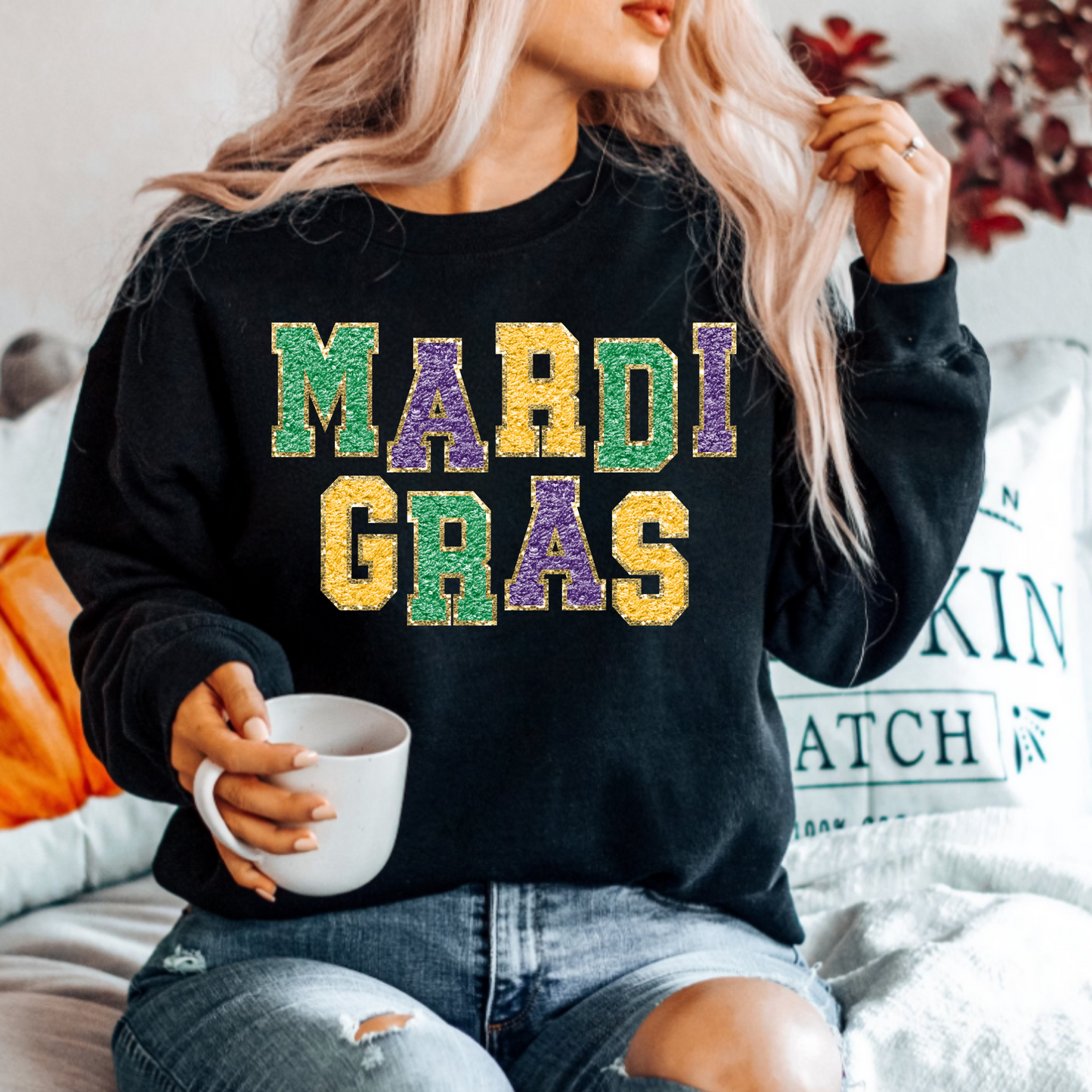 (shirt not included) Faux Chenille Mardi Gras - Clear Film Transfer