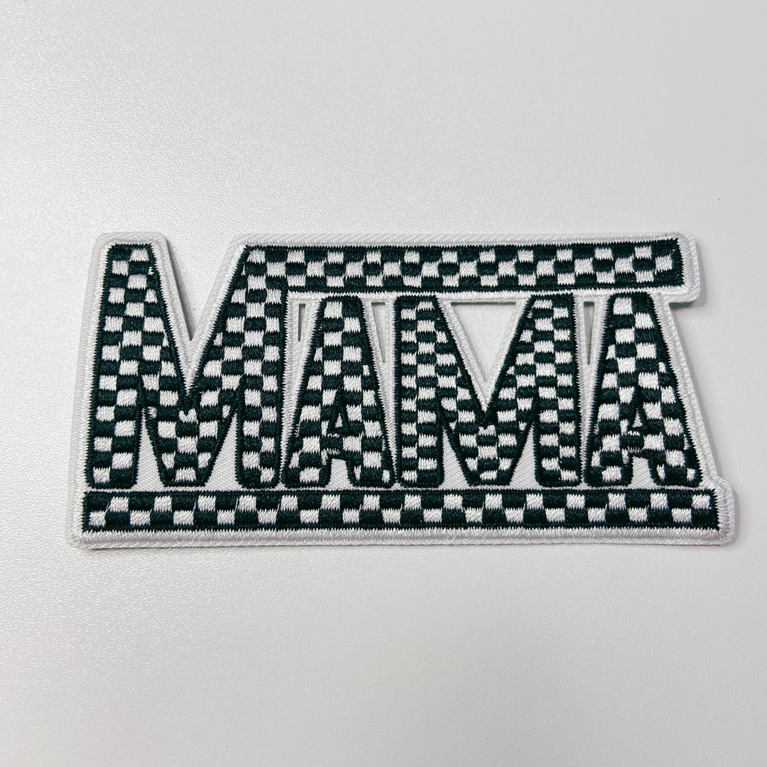 4" x 2"  Checkered MAMA choice of  Black &amp; White  or Pink &amp; White  -  Embroidered Hat Patch