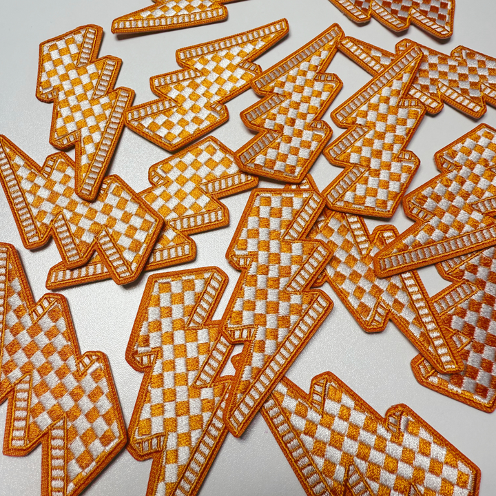 3” Checkered Lightning - Orange &amp; white  - Embroidered Hat Patch