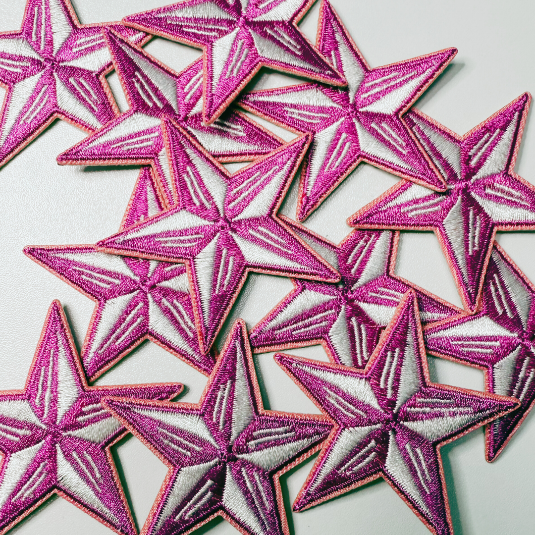 2" Pink &amp; White Star - Embroidered Hat Patch