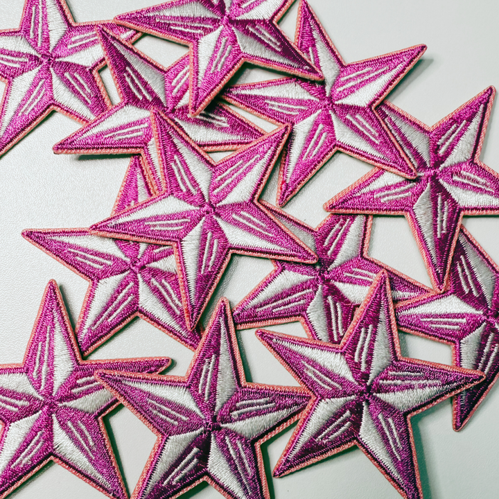 2" Pink &amp; White Star - Embroidered Hat Patch