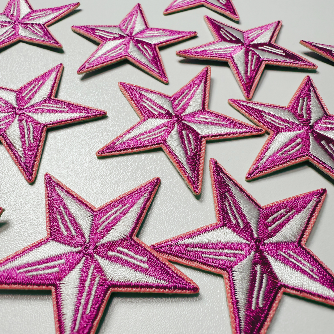 2" Pink &amp; White Star - Embroidered Hat Patch