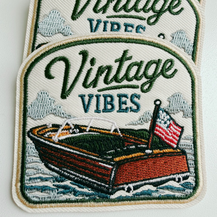 2.5" Vintage Vibes Wooden boat -  Embroidered Hat Patch