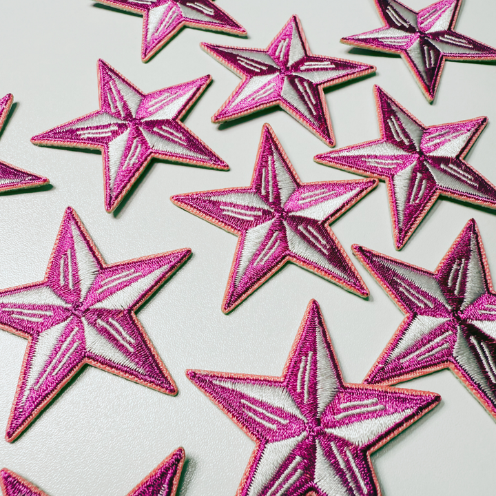 2" Pink &amp; White Star - Embroidered Hat Patch