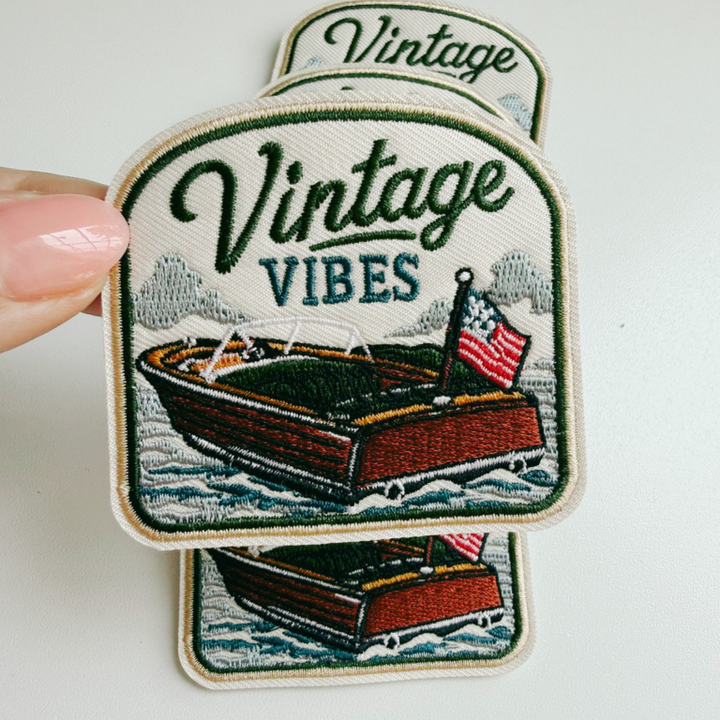2.5" Vintage Vibes Wooden boat -  Embroidered Hat Patch