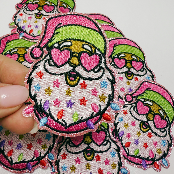 3" Pink Santa w shades &amp; Sparkle -  Embroidered Hat Patch