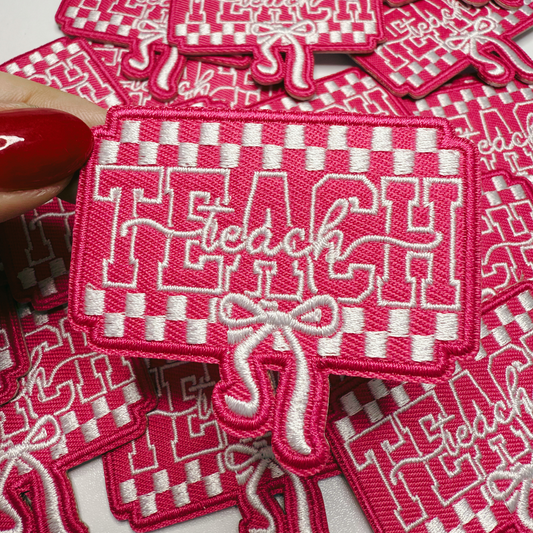 2.5" PINK TEACH w bow - Embroidered Hat Patch