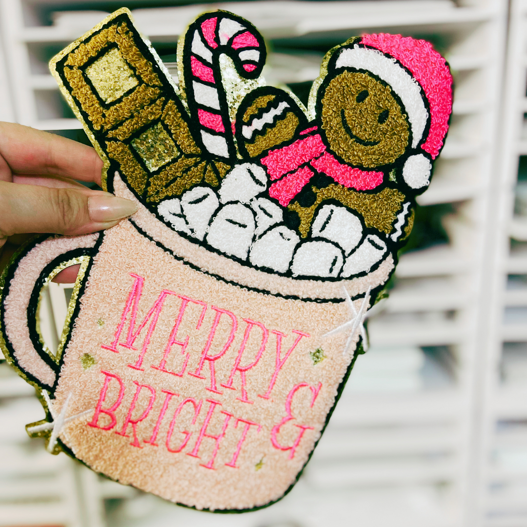 8" x 11" Merry &amp; Bright hot cocoa w gingerbread man - Chenille patch