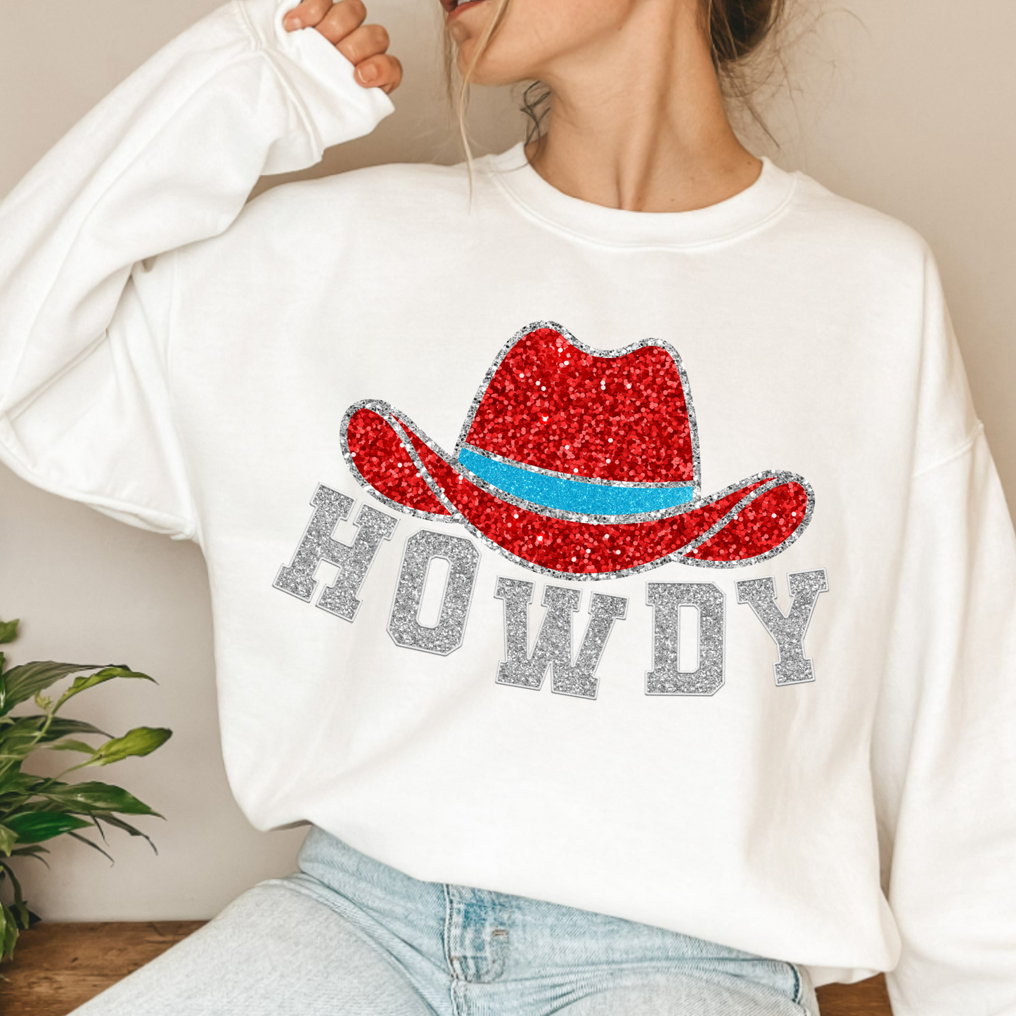 (shirt not included) Faux Sequin Glitter HOWDY cowboy HAT- Clear Film Transfer