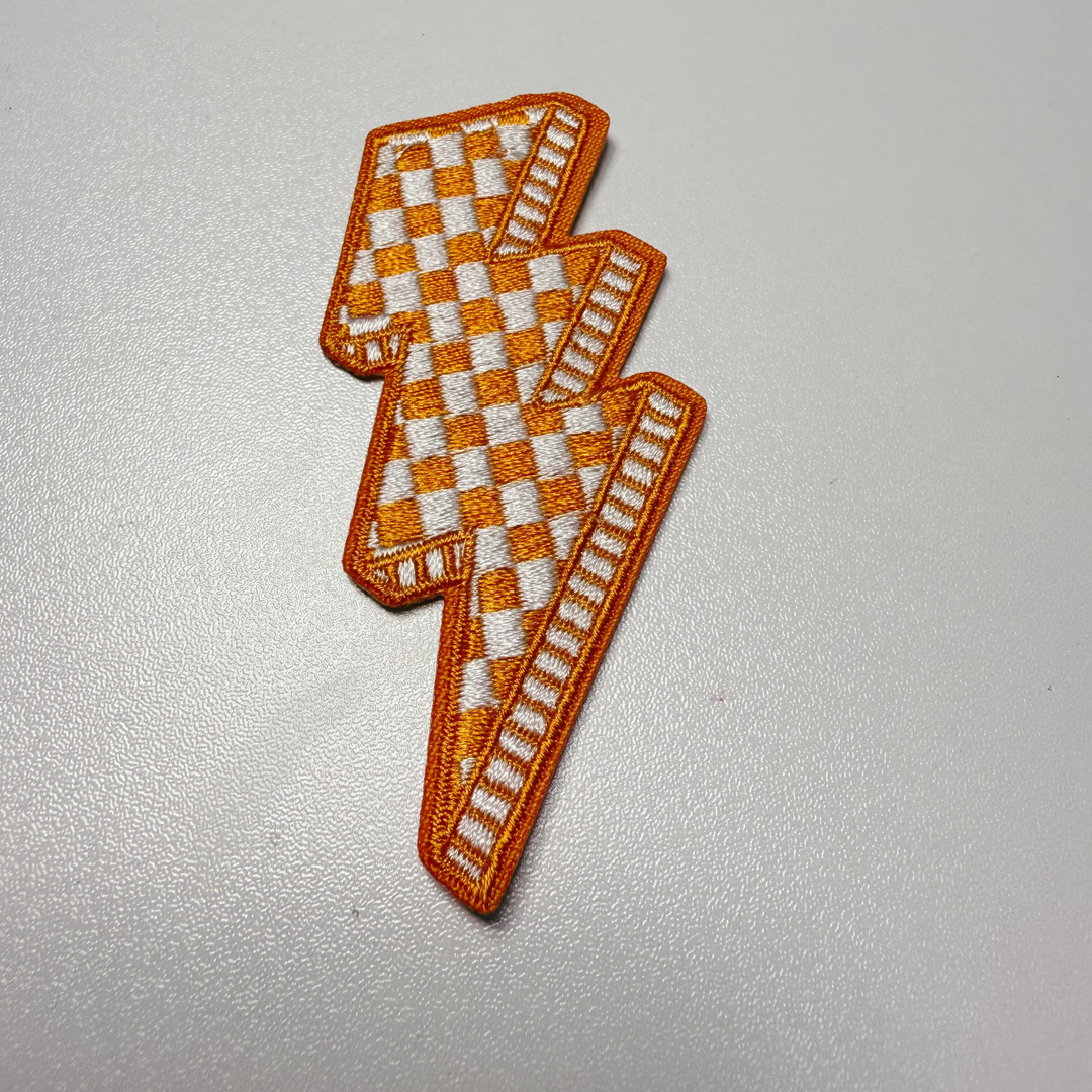 3” Checkered Lightning - Orange &amp; white  - Embroidered Hat Patch