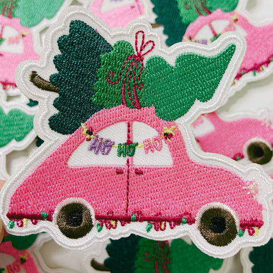 3" Pink Car w Christmas Tree  -  Embroidered Hat Patch