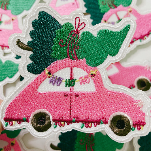 3" Pink Car w Christmas Tree - Embroidered Hat Patch